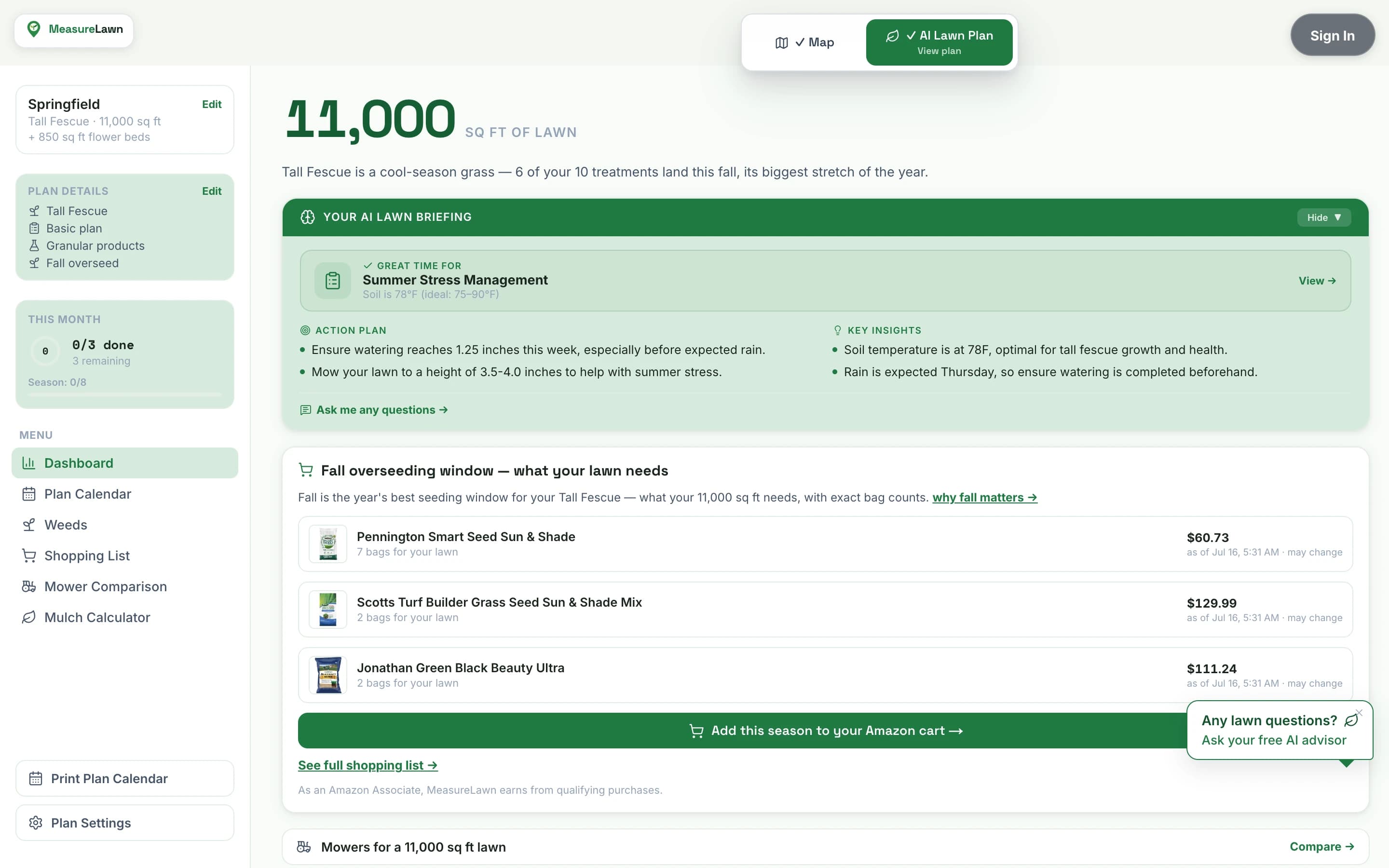 The real MeasureLawn dashboard: measured lawn size, AI briefing, and this month's scheduled products